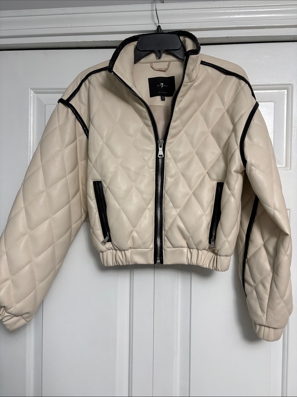 7 For All Mankind Cream Quilted Bomber Jacket with Black Trim